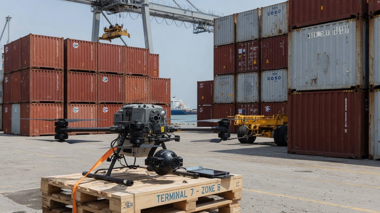 Enterprisedrone med termisk kamerapayload plassert på lasteplate ved siden av fraktcontainere i havneterminal