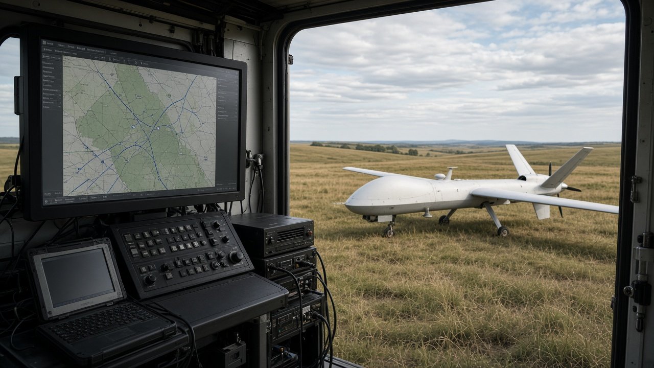 Skjermbilde-lignende luftromsoversikt med flytrafikk og drone over amerikansk slettelandskap ved kontrollstasjon