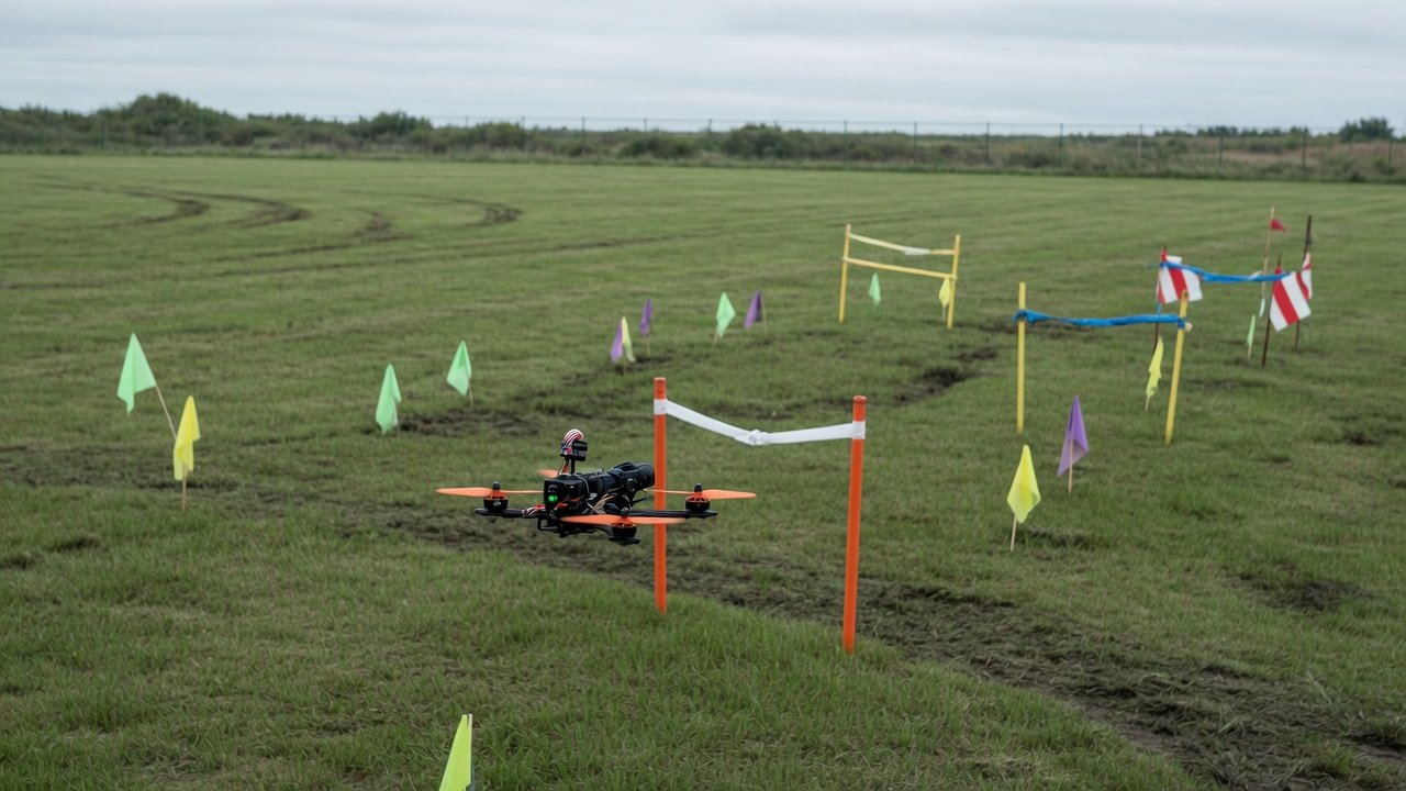 FPV-drone lavt over en oppmerket gressbane i overskyet vær.