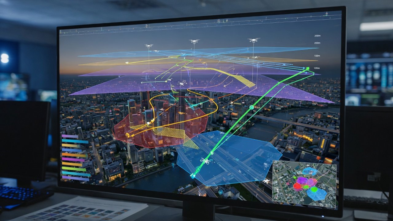 Digitalt luftromskart over bybebyggelse med markerte droneruter og soneinndelinger på skjerm
