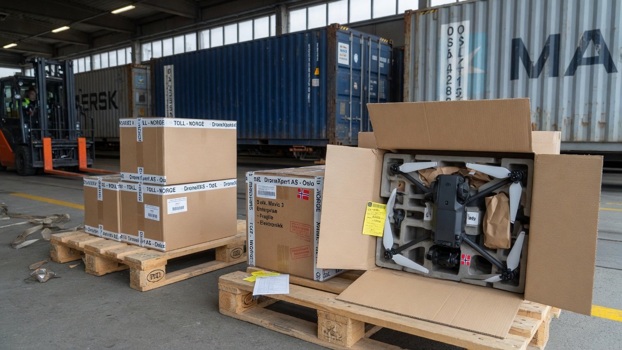 Droneesker i pappemballasje på lastepall i tollterminal, med containere i bakgrunnen