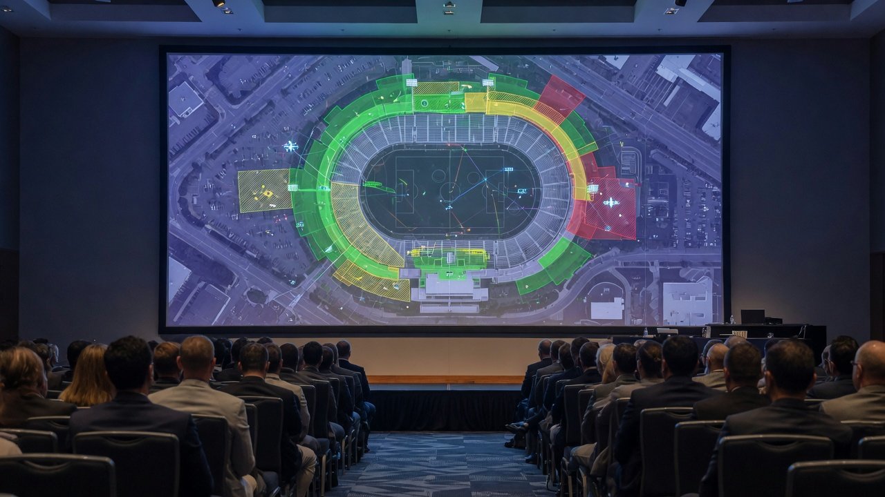 Konferansesal med publikum som ser på storskjerm med dronekart over stadionområde.