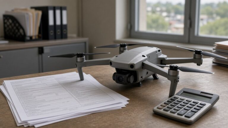 Kommersiell kartleggingsdrone på skrivebord ved siden av registreringsskjemaer og kalkulator i amerikansk kontormiljø