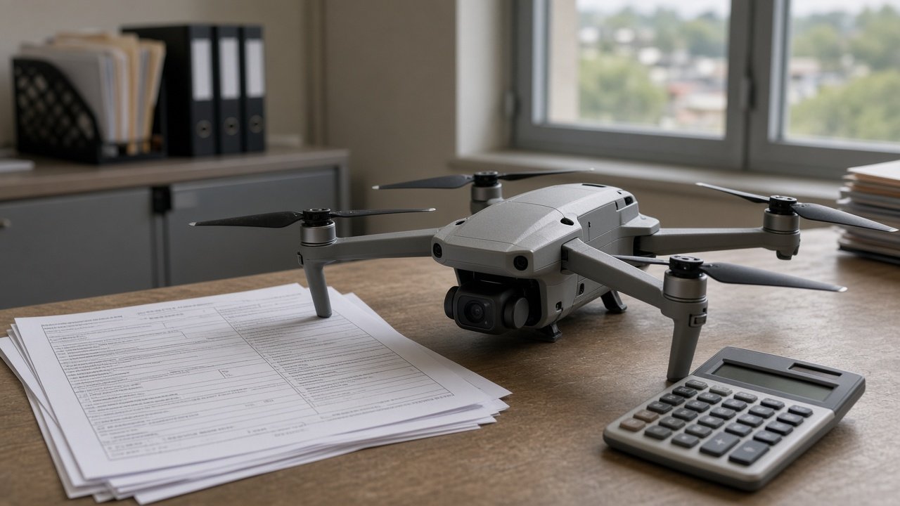 Kommersiell kartleggingsdrone på skrivebord ved siden av registreringsskjemaer og kalkulator i amerikansk kontormiljø