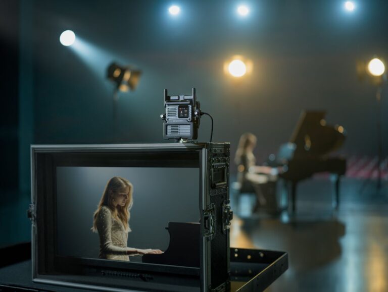 DJI SDR Transmission 2 montert på en monitorkasse som viser live-bilde av en pianist, med scenelys i bakgrunnen