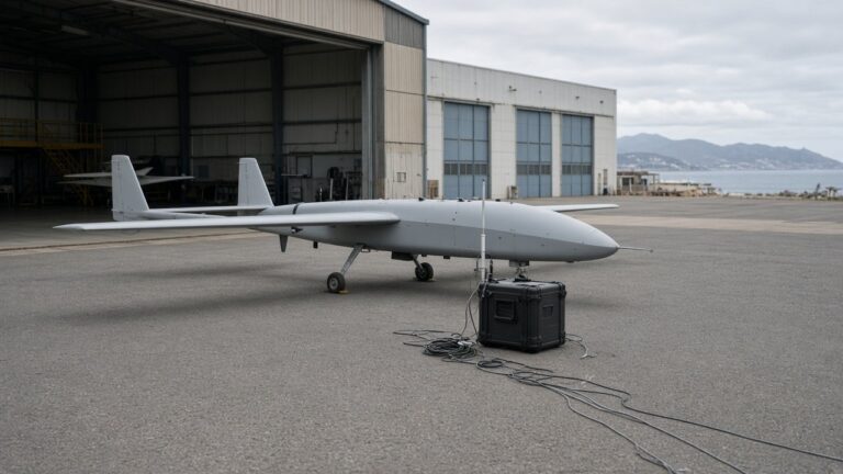 Fastvinget forskningsdrone på bakken foran en hangar, med teknisk måleutstyr ved siden.
