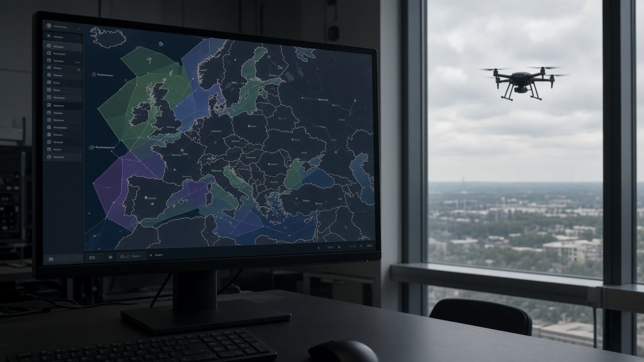 Skjerm med digitalt luftromskart over Europa i et trafikkledelsessenter, med liten firerotors drone i luften utenfor vinduet
