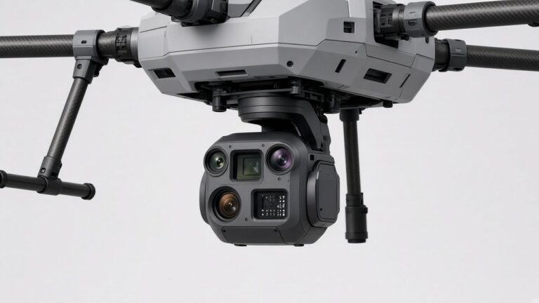 Multispektral sensorpakke med flere linser montert under en industridrone på et messebord