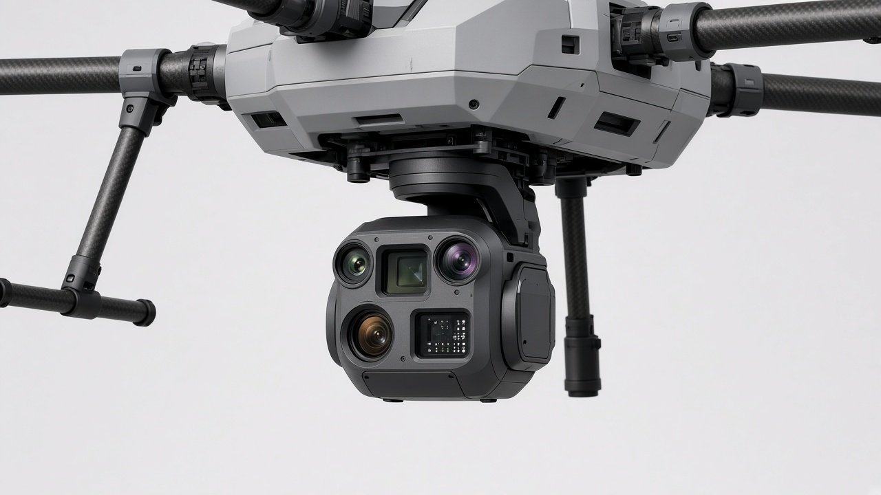 Multispektral sensorpakke med flere linser montert under en industridrone på et messebord