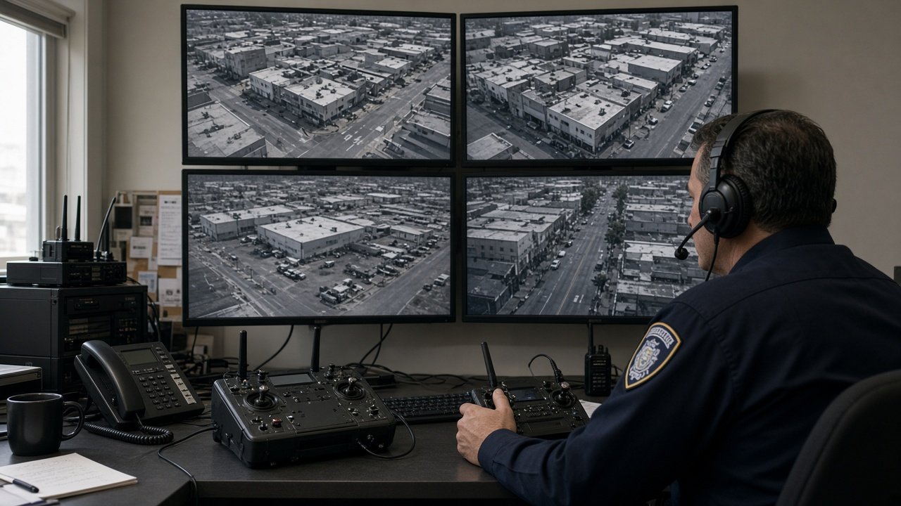 Fire skjermer med direktestrøm fra droner i et politioperasjonssenter, med dronekontroller på pulten