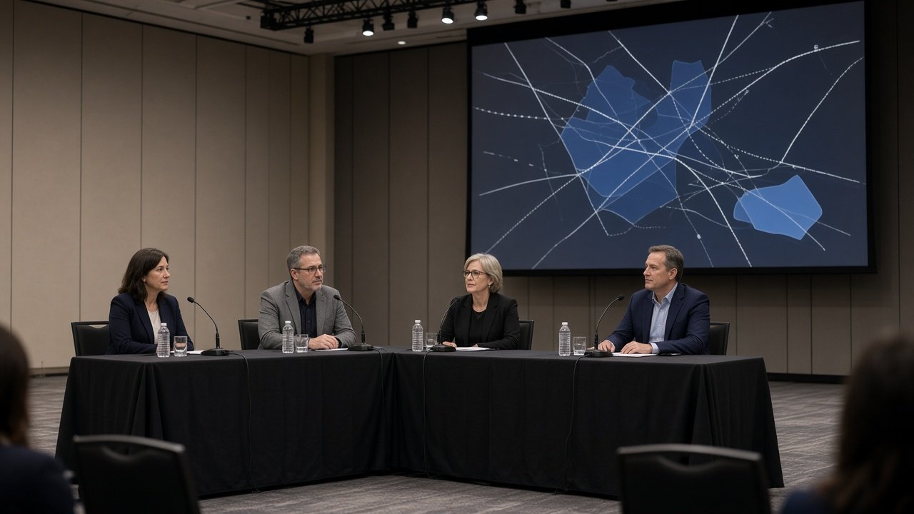 Panelbord med mikrofoner og skjerm som viser luftromskart under en dronekonferanse i USA