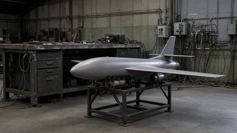 Militær avskjæringsdrone med jetmotor på utstillingsbukk i industrihall i Ukraina