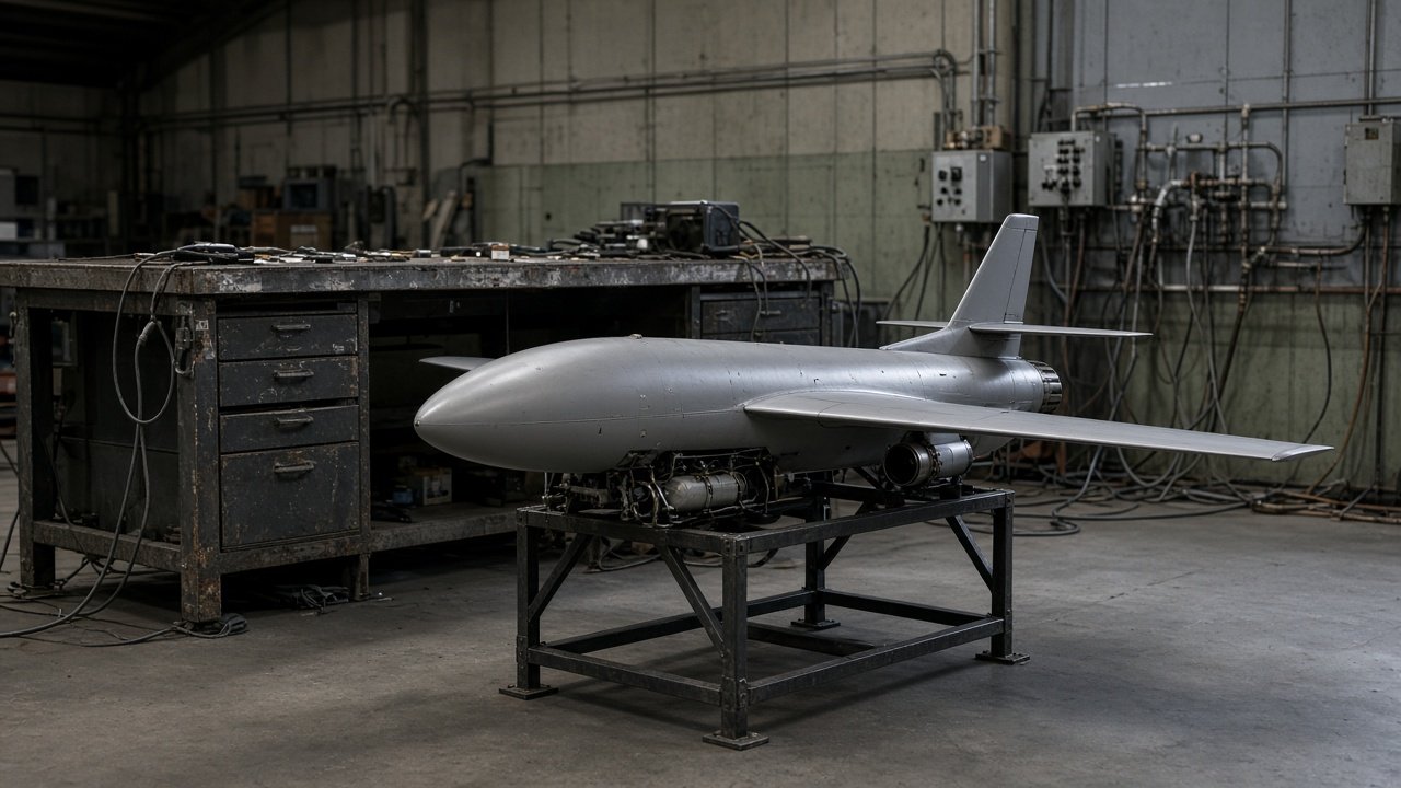 Militær avskjæringsdrone med jetmotor på utstillingsbukk i industrihall i Ukraina