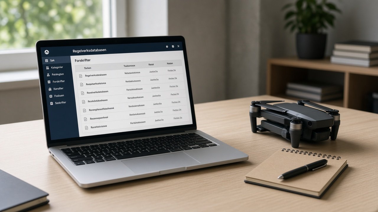 Bærbar PC med regelverksdatabase for droner på skjermen, ved siden av en sammenleggbar drone på skrivebord