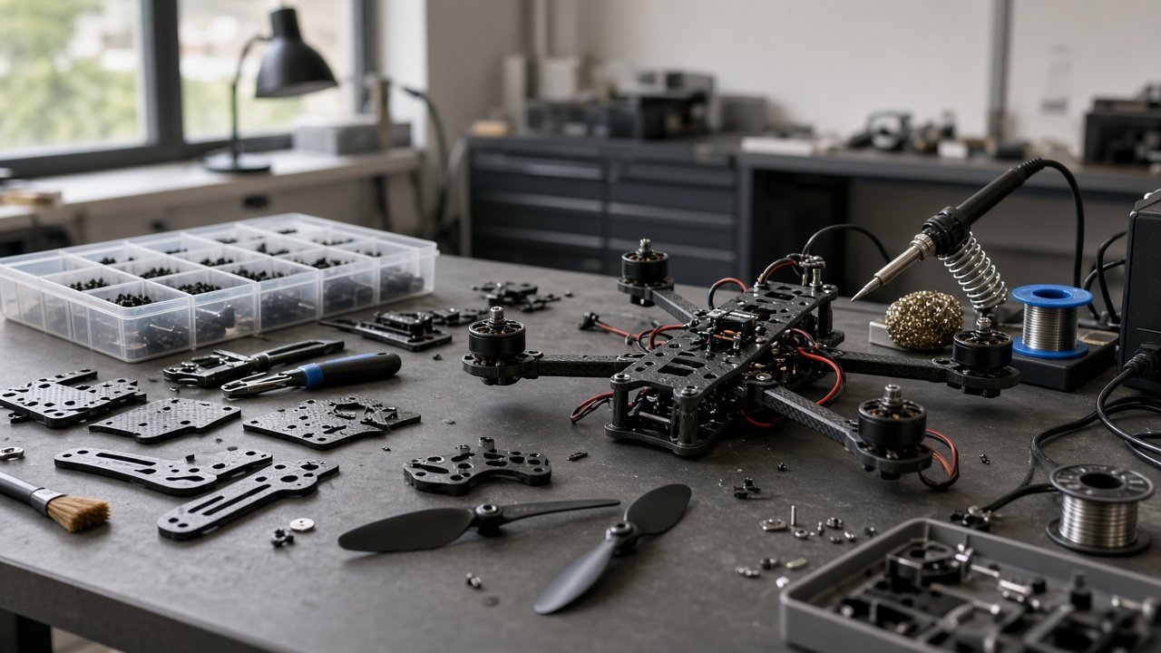 Illustrasjon av dronedeler, propeller og en halvferdig prototyp på et arbeidsbord
