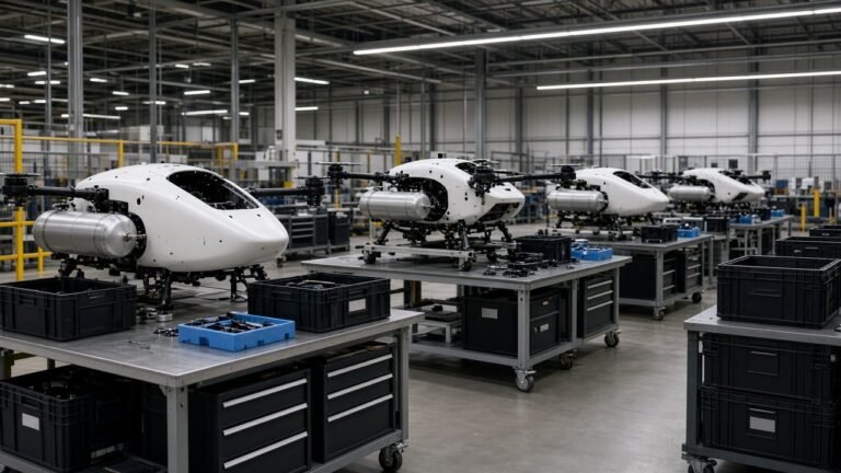 Monteringslinje for hydrogendrevne VTOL-droner i stor amerikansk industrihall med arbeidsbenker og delekasser