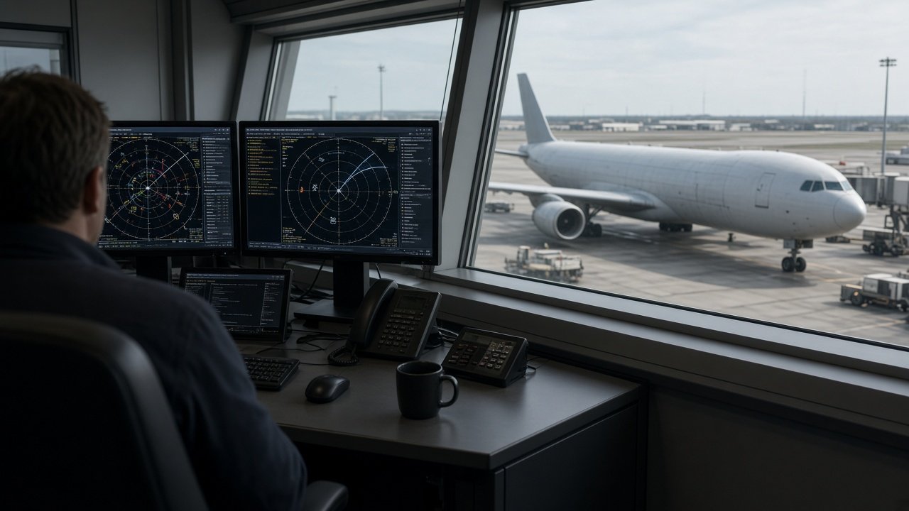 Kontrollrom med radarskjermer og luftromskart som viser dronevarsler ved en tysk fraktflyplass
