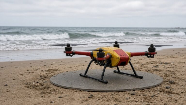 Gul og rød redningsdrone står på landingsplattform i sanden på australsk strand med bølger i bakgrunnen