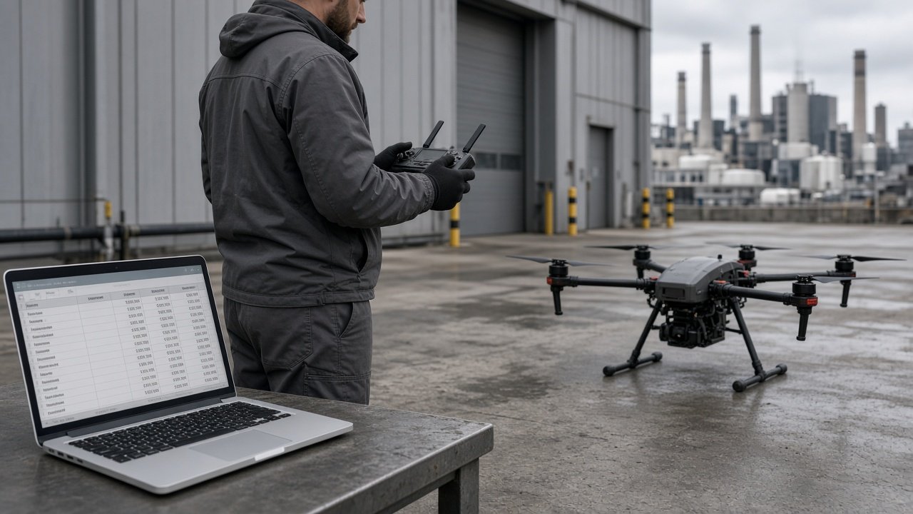 Dronepilot med kontroller og notatblokk ved en industriell inspeksjonsjobb, drone står klar på bakken.