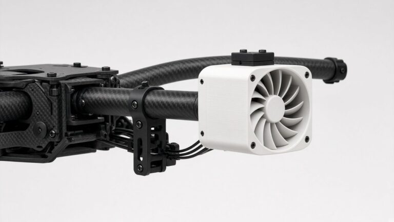 Hvite 3D-printede radialvifter i kabinett montert på armene til en svart karbon-quadcopter