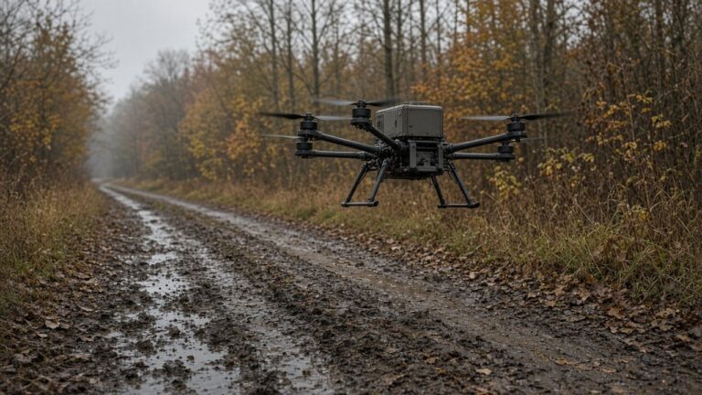 FPV-angrepsdrone med lastmodul på ryggen lavt over en skogsvei. AI-generert illustrasjon.