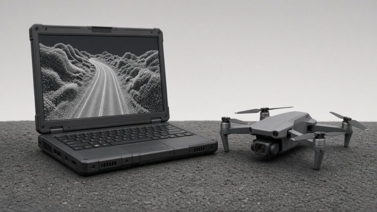 Bærbar PC på bilpanser viser 3D-modell av veiområde, med kompakt drone liggende ved siden av.