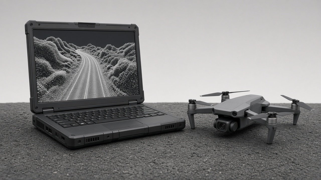 Bærbar PC på bilpanser viser 3D-modell av veiområde, med kompakt drone liggende ved siden av.