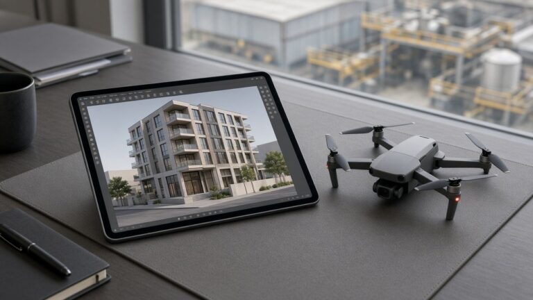 Nettbrett på arbeidsbord viser 3D-modell av bygningsfasade, med quadkopter-drone ved siden av