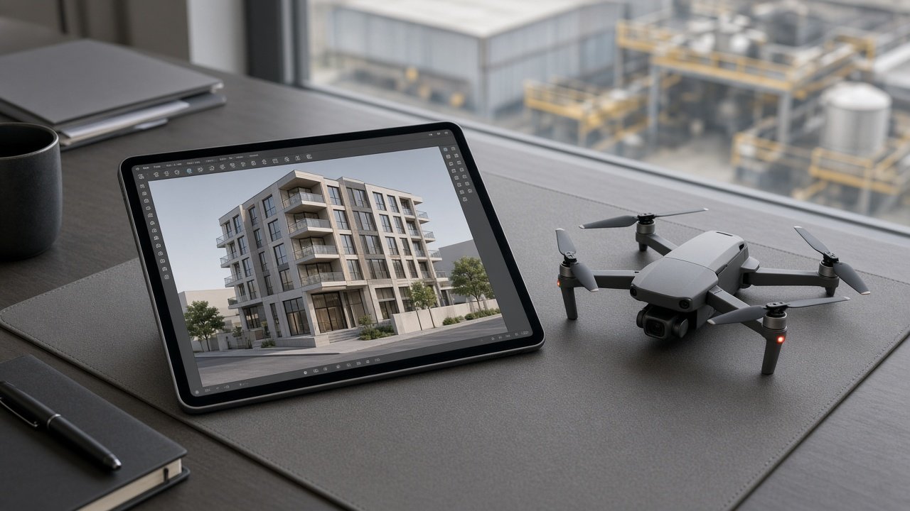 Nettbrett på arbeidsbord viser 3D-modell av bygningsfasade, med quadkopter-drone ved siden av