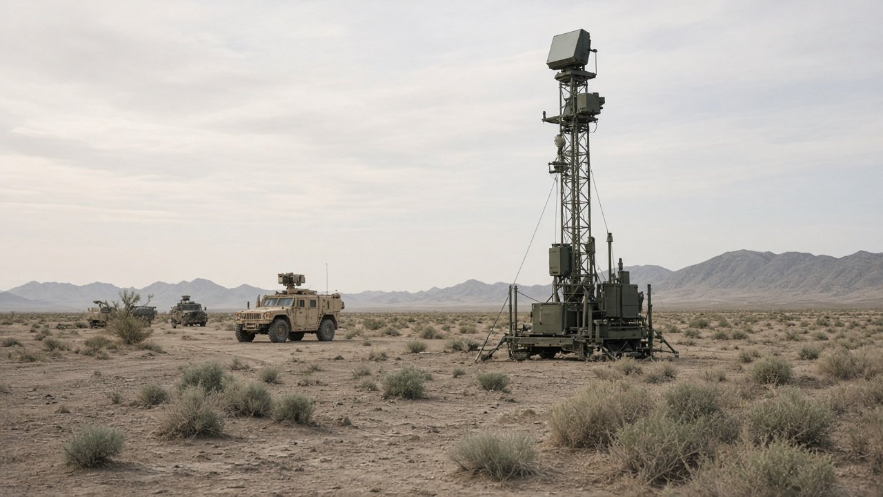 Radarantenne og sensormast for dronedeteksjon oppstilt i ørkenlandskap på amerikansk militært testområde