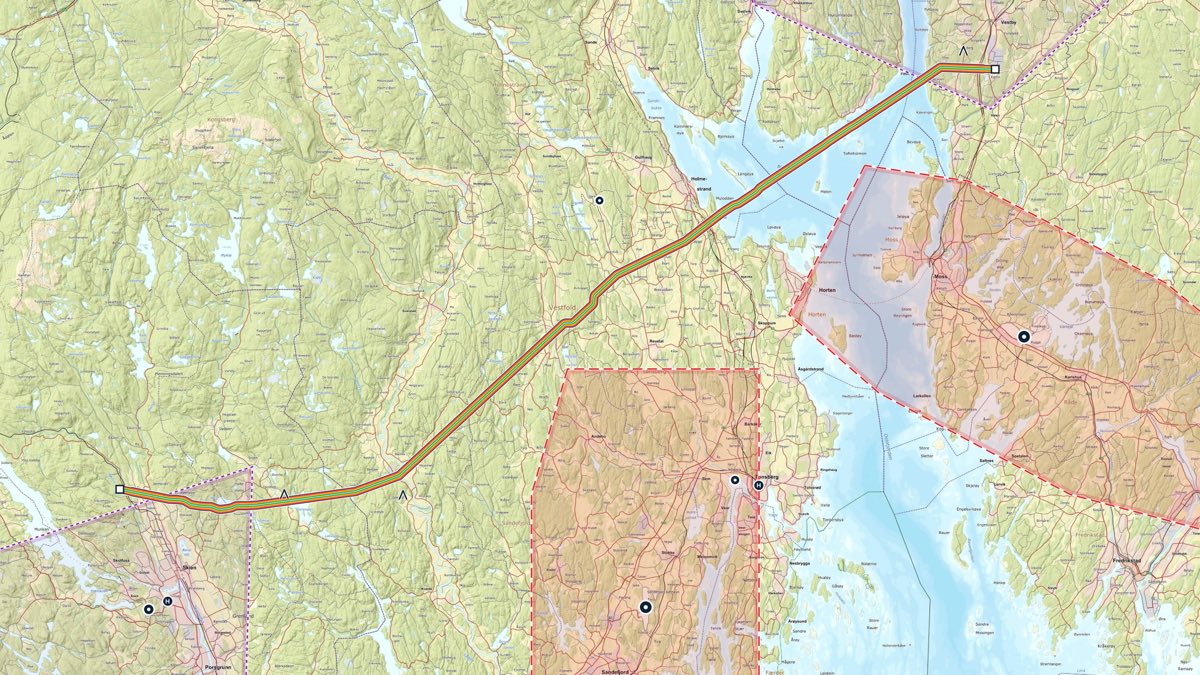 Kart over dronekorridoren fra Vestby over Oslofjorden til Skien, med kontrollsonene ved Rygge, Torp og Geiteryggen markert