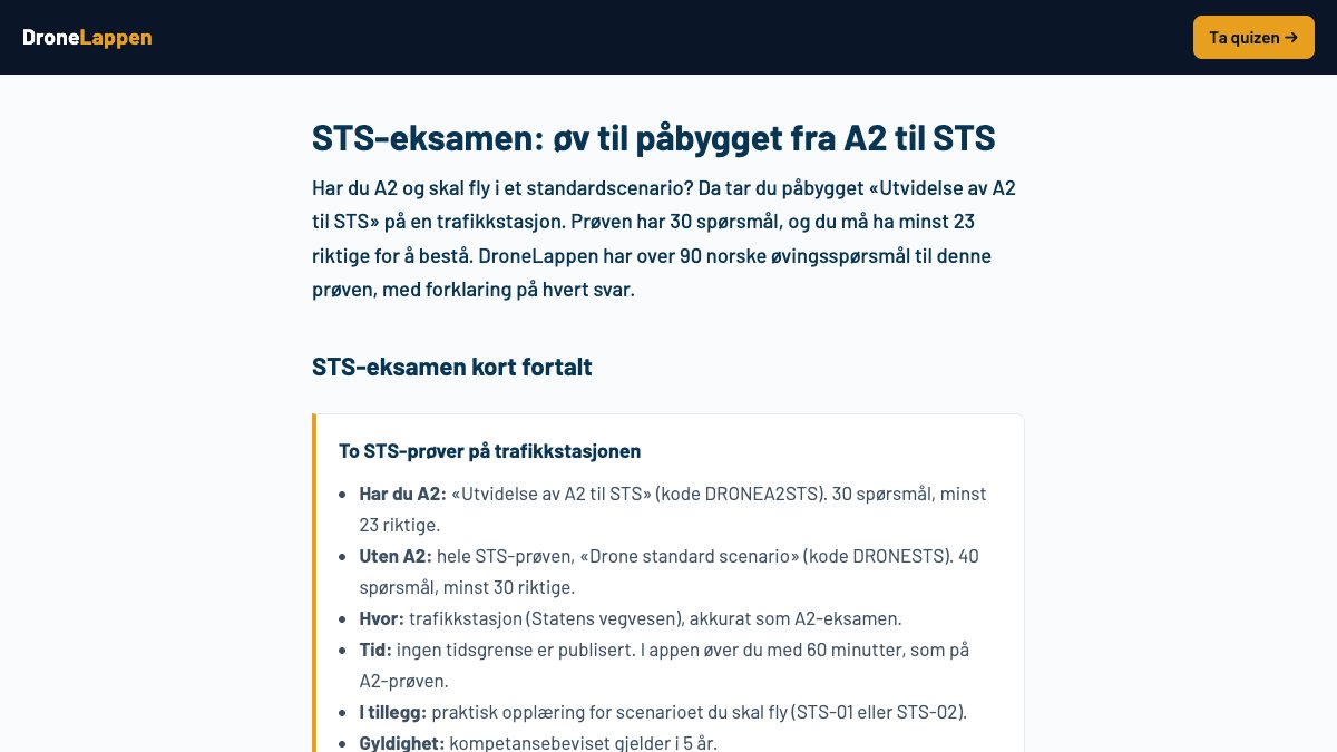 Skjermbilde av DroneLappens side om STS-eksamen, med prøven Utvidelse av A2 til STS: 30 spørsmål og minst 23 riktige