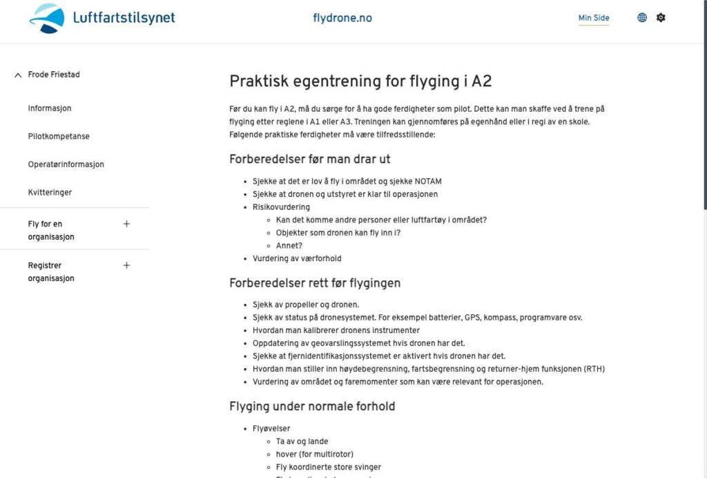 Siden for praktisk egentrening for flyging i A2 på flydrone.no, med liste over øvelser