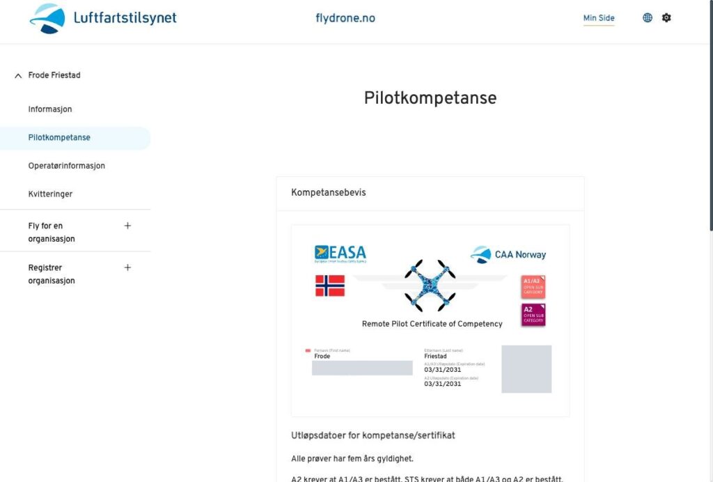 Pilotkompetanse på Min side på flydrone.no, med digitalt kompetansebevis for A1/A3 og A2