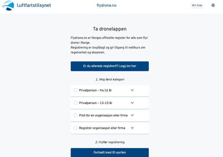 Registreringssiden på flydrone.no med fire kategorier: privatperson fra 16 år, privatperson 13–15 år, pilot for en organisasjon og registrering av organisasjon